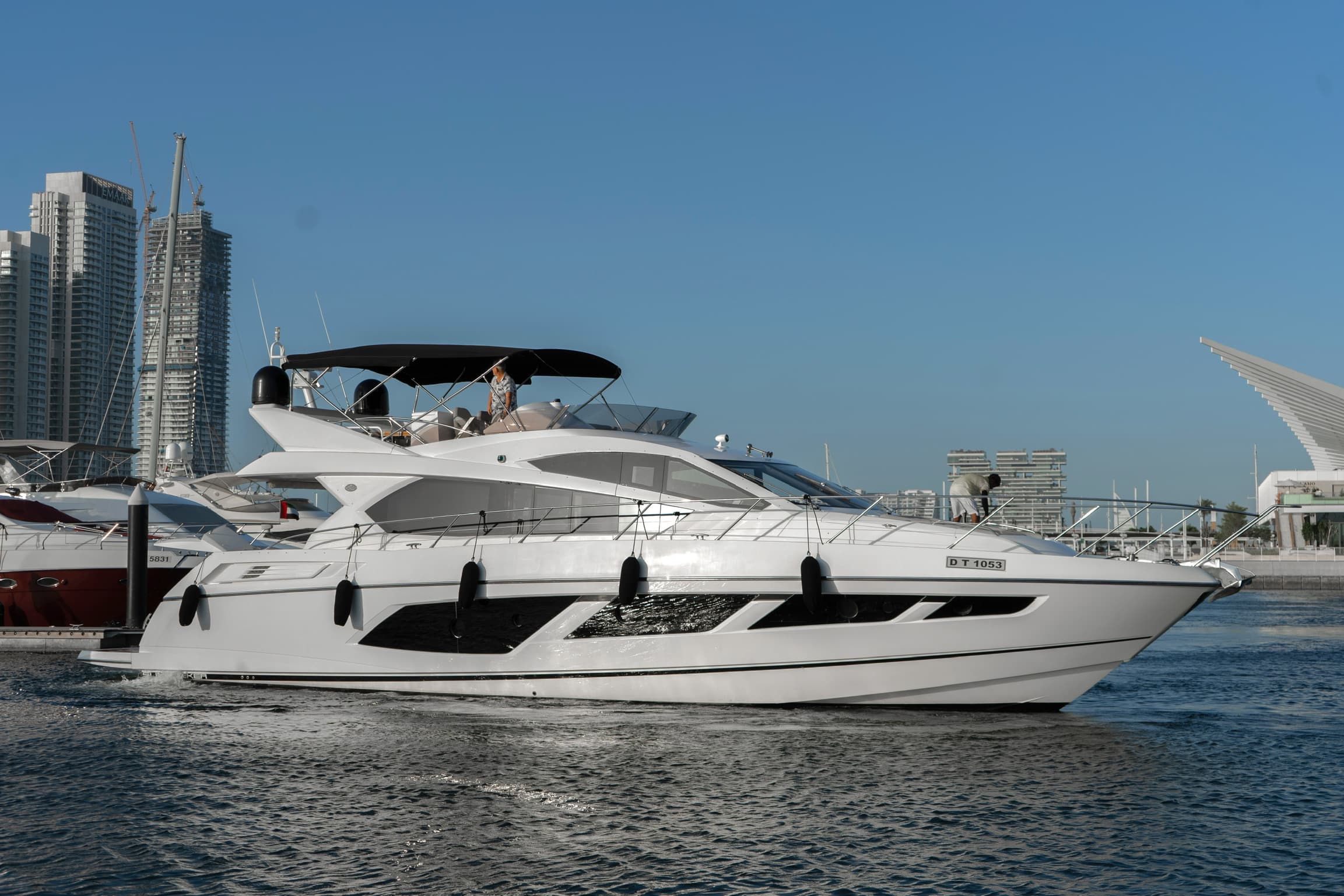 Exterior view of a modern yacht in the harbor